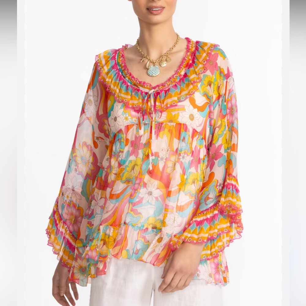 Johnny Was Floral Sheer Ruffle Blouse in Pink, Coral, Turquoise - Picture 2 of 16